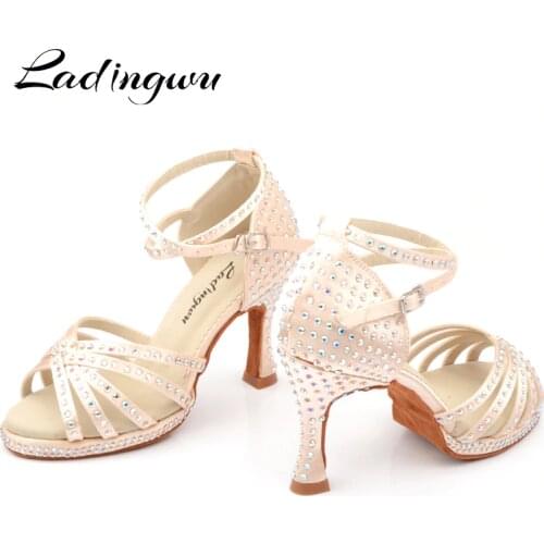 Ladingwu womens latin dance shoes salsa party dance shoes Silk satin platform Beige heel 9cm Rhinestones dance shoes Ballroom