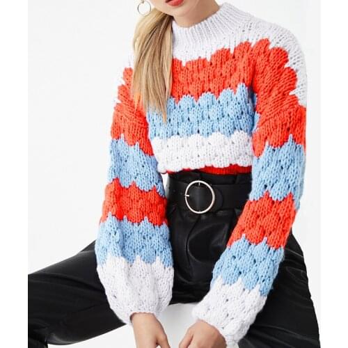 2021 Autumn Winter Womens Sweater Casual Color Contrast Splicing Long Sleeve Knitted Pullovers Tops Ladies O Neck Loose Jumpers