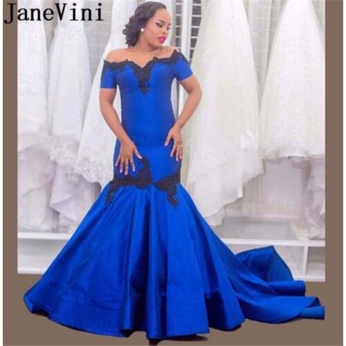 JaneVini Elegant Boat Neck Royal Blue Mermaid Prom Dresses for Arabic Women with Black Appliques Short Sleeves Satin Prom Dress