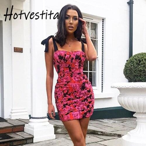 Hotvestita 2021 Summer Women Flowers Print Slip Dress Bodycon Slim Pleated Spaghetti Strappy Bow Tie Rose Red Elegant Mini Dress