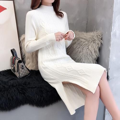 Autumn Winter Women Turtleneck Knitted Sweater Dress Warm Thicken Split Long Pullover Sweaters Solid Casual Female Sexy Dresses