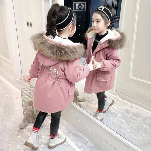 Girls' winter cotton clothes 2021 new winter 4-12 year old childrens girls' Plush thickened wool collar Parker jacket
