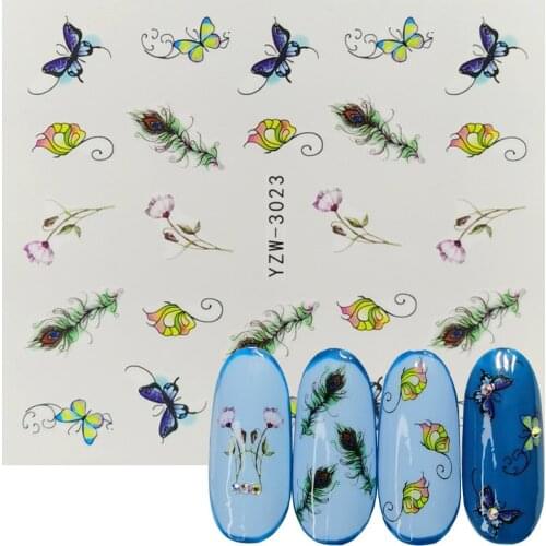1 Sheet Water Nail Stickers Decal Feather Butterfly Transfer Nail Art Decorations Slider Manicure Watermark Foil Tips