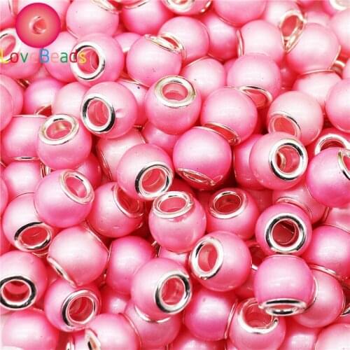 10Pcs Pink Color Round Pearl Spacer Beads Big Hole Glass Beads Fit Pandora Bracelet European Women Snake Chain DIY Jewelry Craft