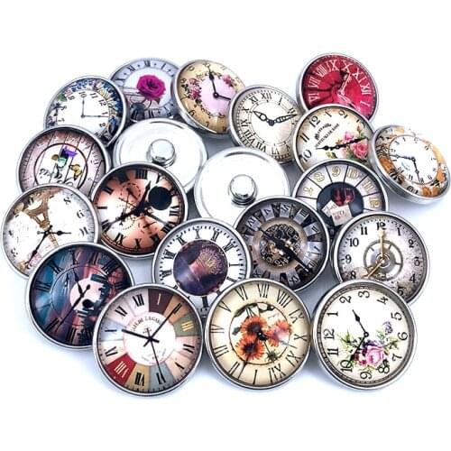 20pcs/lot 18mm 20mm Vintage Clock Pocket Watch Glass Cabochon Snap Buttons for DIY Bracelet Necklace Glass Charms Findings N007