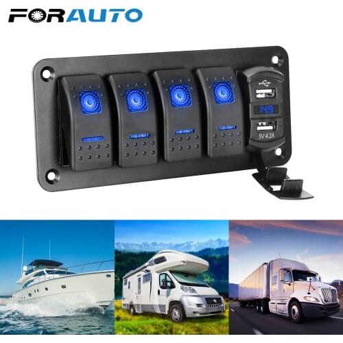 4 Gang Toggle Rocker Switch LED Switch Panel 12V/24V Dual USB Port Digital Voltmeter Waterproof For Car Marine RV SUV Yacht