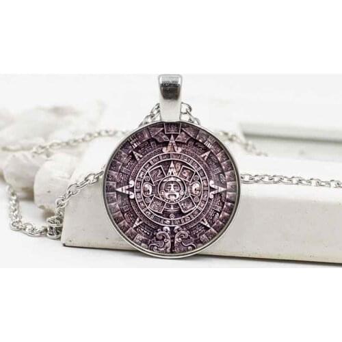 Aztec Crystal Glass Pendant Necklace Metal Punk Gear Popular Accessories