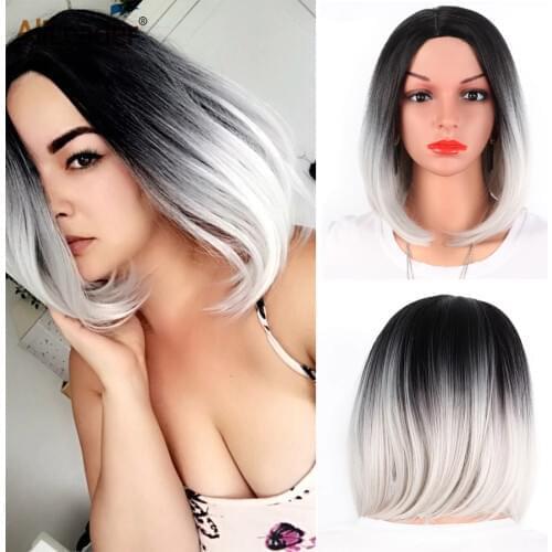 Alileader 14Inch Short Synthetic Wig Shoulder-Length Womens Wigs Short Bob Platinum Blonde Wig With Natural Ombre Pink Grey Bug