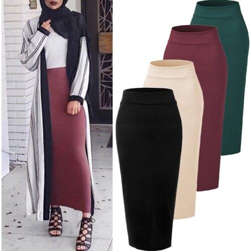 Great quality basic base pleated muslim skirt female vintage stretch knit pleated skirt full length muslim skirt F1733