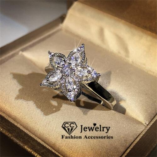 CC S925 Silver Flower Design Ring Trendy Jewelry Woman Engagement 18K White Gold-Color Shine Star Accessories Rings CC3227