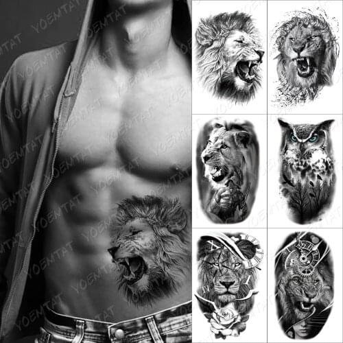 Black Roar Wild Lion Temporary Tattoo Sticker For Men Women Owl Forest Waterproof Fake Henna Wolf Tiger Animal Body Art Tatoo