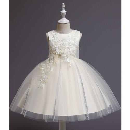 Champagne Flower Girls' Dresses Princess A Line Tulle Jewel Neck Beaded Appliue Pageant Birthday Party Gown 2021