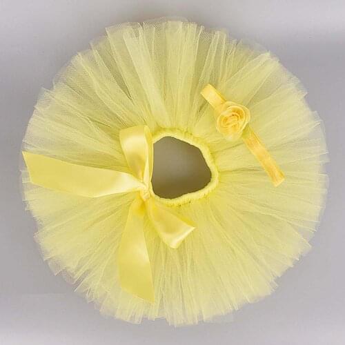 Baby Lemon Solid Fluffy Tutu Skirt & Flower Headband Set Baby 1st Birthday Party Tulle Skirt Baby shower Gift Cake Smash