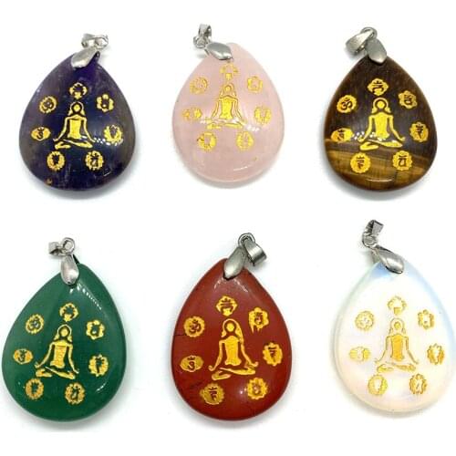 Exquisite Flat Drop Shape Charm Yoga Necklace Natural Stone Agate Amethyst Pendant DIY Jewelry Making Necklace Bracelet 24x32mm