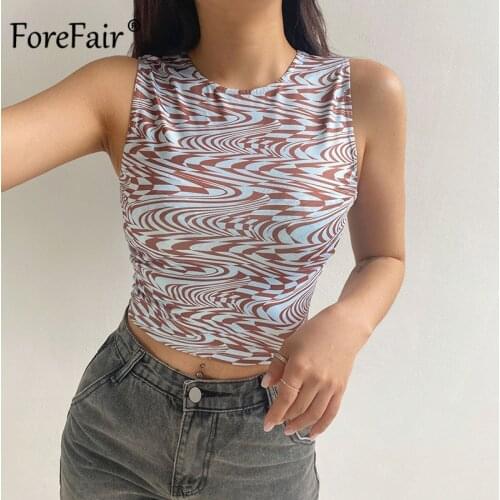 Forefair Green Wave Print Crop Top Summer Women Sporty Casual Off Shoulder Sexy Basic Tank Tops Streetwear Fashion 2021