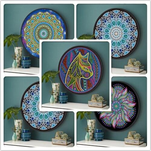 Round frame diamond painting tassel painting mural full part animal owl mandala landscape diamond mosaic with frame