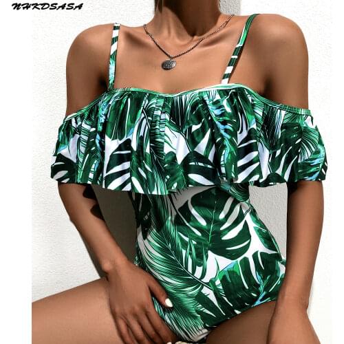 NHKDSASA Swimwear Women Sexy Trikini One Piece Swimsuit 2021 Vintage Off Shoulder Ruffled Bathing Suits For Ladies Swimming Suit
