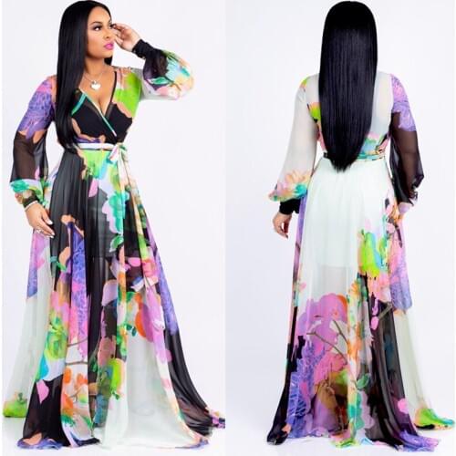 Summer Vintage Floral Print Boho Dress Women Long Sleeve V-Neck Belted Loose Maxi Dresses Casual Beach Long Dress Vestido Sexy
