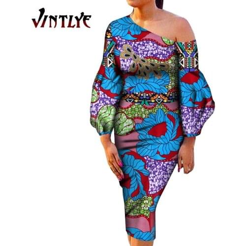 Fashion African Style Women Clothes Off Shoulder Sexy Dashiki Women Dresses Slim Puff Sleeve Lady Evening Dress Bazin WY7589