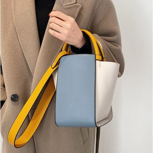 Fashion Women Handbag PU Leather Bucket Crossbody Shoulder Bags New Color Contrast Tote Handbags Versatile Female Composite Bag