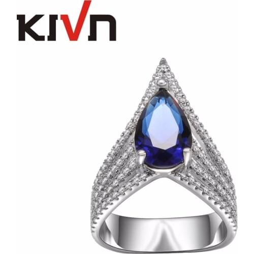 KIVN Fashion Jewelry Luxury Blue CZ Cubic Zirconia Womens Girls Bridal Wedding Engagement Rings Mother Promotion Birthday Gifts