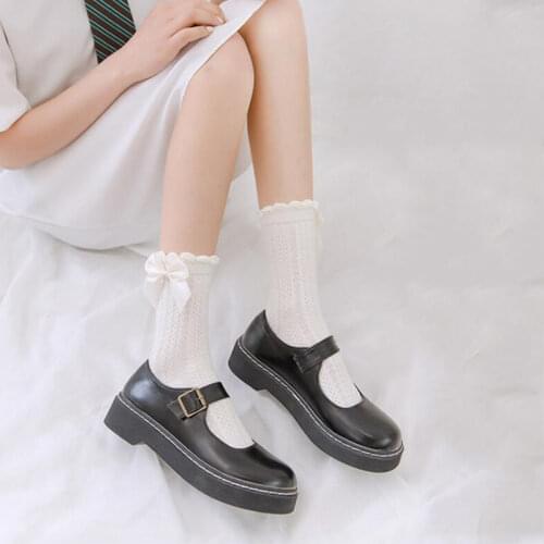Women Bowknot Ruffle Socks Lolita Bow Socks Cotton Socks Middle Tube Socks Cute Sweet Girls Ladies Cosplay Costumes Accessories