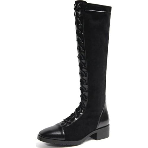 2021 Autumn and Winter New Thick Heel Zipper Suede Knee Length Boots Womens Locomotive High Lace up Knight Boots for Girls