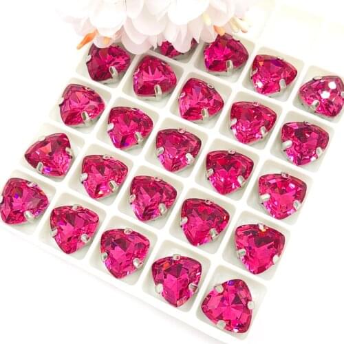 NEW 12mm Fat Triangle shape Rose High quality Glass Crystal sew on rhinestones silver base with hole diy/clothing accessories