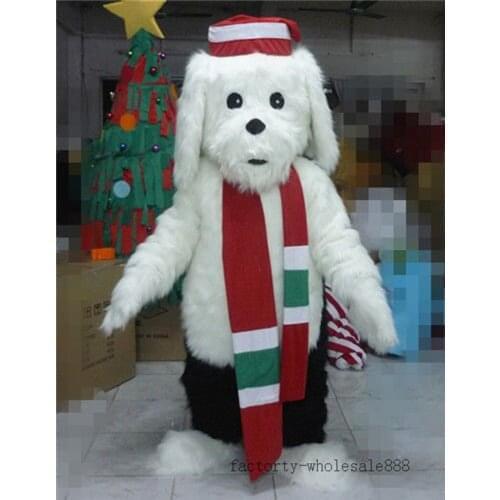 New Xmas Coming Long Fur White Dog Mascot Costume Suits Party Game Dress Outfits Clothing Event Unisex Cartoon Apparel Cosplay