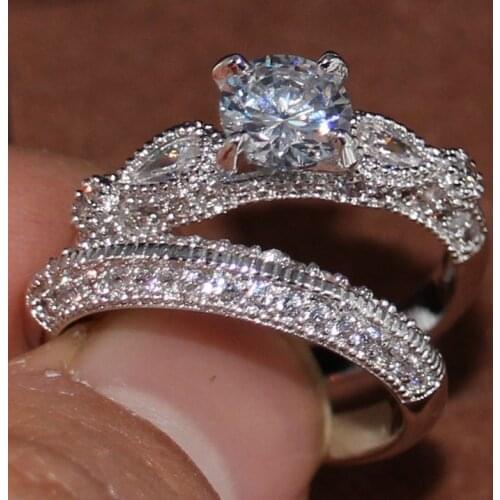 Couple Rings Vintage Fashion Jewelry High Quality 925 Sterling Silver Filled Round Shape 5A Zirconia Women Bridal Ring Set Gift