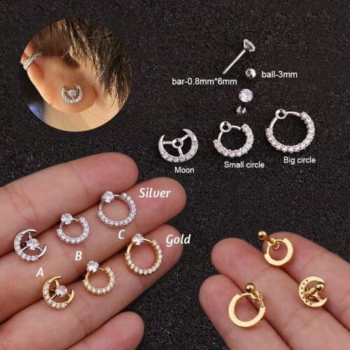 1Pc Cz Moon Small Big Circle Screw Back Stud Earring Tragus Conch Rook Cartilage Helix Piercing Jewelry Ear Piercing Jewelry