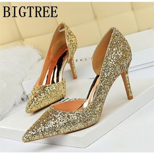 Wonen Pumps Fashion Office Shoes Side space Sequined Cloth Pointed Toe Thin Heels 8CM High Heels Womens Wedding Shoes
