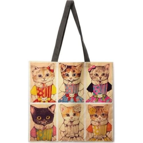 Japanese illustration cat lady casual handbag foldable shopping bag lady shoulder bag lady handbag fashion beach bag