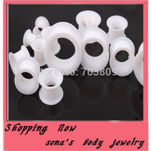 Body jewelry Free Shipping Wholesales 192pcs/lot Mix 4-25mm white double flare Ear Piercing Plug Silicone Flesh Tunnel