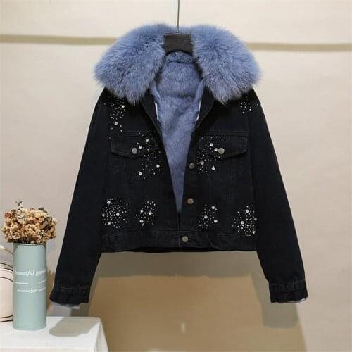 Winter New Beading Diomand Denim Jacket Women Fashion Casual Plus Velvet Liner Real Fox Fur Collar Short Thick Cowboy Parkas