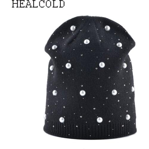 2019 Winter Beanie Hats For Women rhinestones Pearls Wool Knitted Beanie Hats Womens Cap bonnet femme Skullies Beanies