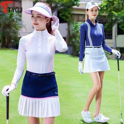Womens Training Golf Shirts Long Sleeve Slimming Golf T-shirts Button Stand Collar Sportswear for Golf D0991