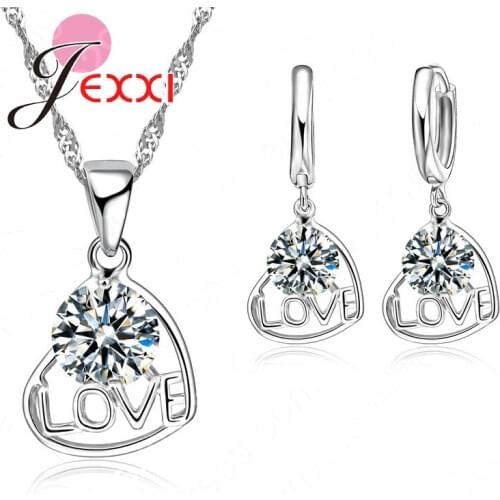 Fancinating Fashion LOVE Heart Necklace Earring Jewelry Set 925 Sterling Silver Crystal For Women Birthday Gift