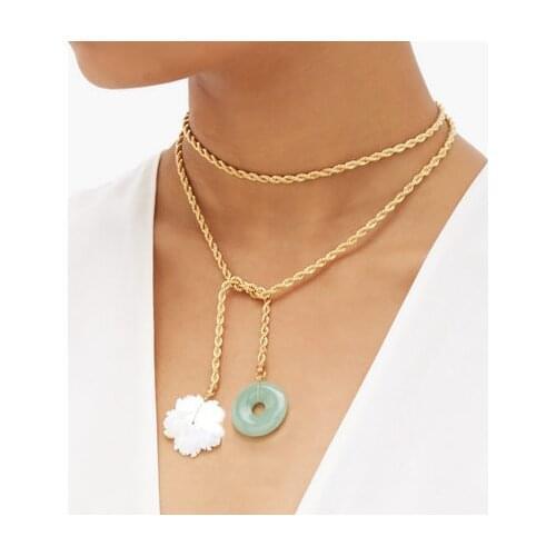 2021 punk long lariat shell flower green natural stone donuts pendant heart charms chunky twisted links chain necklace women