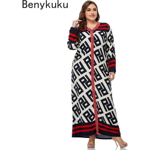 Plus Size Maxi Dress for Women Fall 2021 Elegant Geometric Print Long Sleeve Muslim Arabic Dubai Robe Clothes Casual Loose Dress