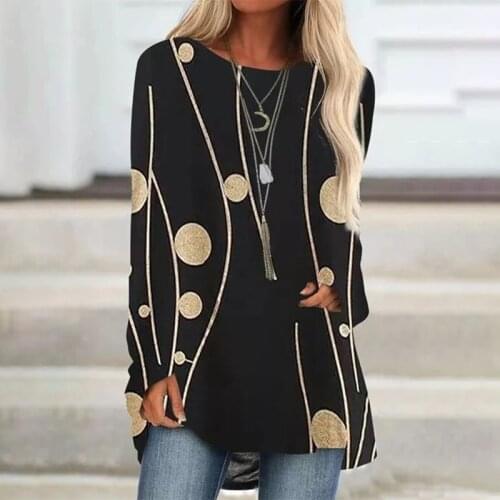 Spring and summer womens long sleeves round neck top digital printed casual loose T-shirt