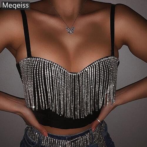 2020 Sexy Women Cami Tanks Summer Club Streetwear Vest Fashion Sling Beading Crystal Strapless Push-up Bustier Crop top Camisole