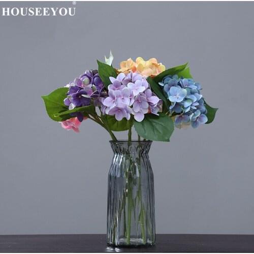 3D Artificial Flowers Printing Hydrangea Branch with Green Leaves Real Touch Home Table Office Wedding Decoration Flores