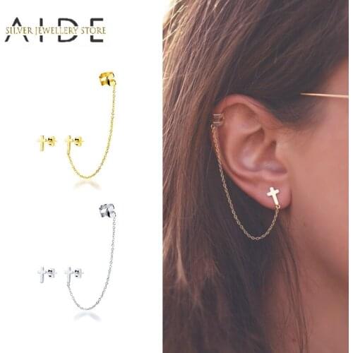 AIDE 925 Sterling Silver Earrings for Women Asymmetric INS Cross Chain Ear Cuff Stud Piercing Earings Fine Jewelry Gift kolczyki