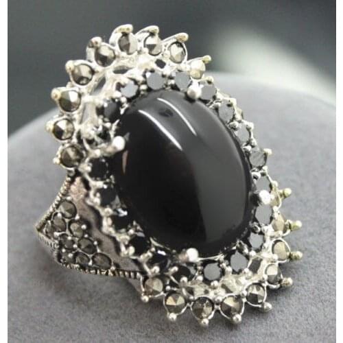 Free shipping 925 SILVER 16X27MM MARCASITE NATURAL BLACK RING SIZE 7/8/9/10 christmas gift