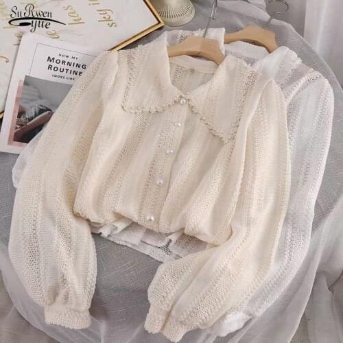 Autumn 2021 New Fashion Women Long Sleeve Peter Pan Collar Tops Shirts Female Elegant Lace Office Ladies Hollow Out Blouse 14562