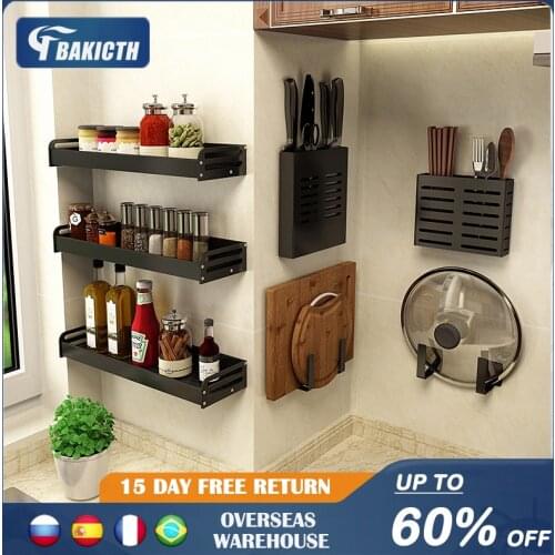 Punch-free Black Wall-mounted Kitchen Rack Wall-mounted Multi-function Spice Storage Rack Kitchen Supplies Five Pendants