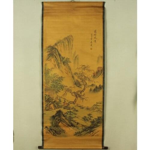 Antique painting traditional Chinese Tang Bohu mountains and trees scroll painting 001