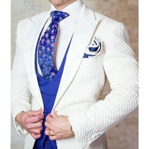 White Lattice Wedding Men Suit 3 Pieces Tailored Best Man Groom Dress Tuxedo Fashion Slim Fit Blazer Suit Jacket Vest Pants Set