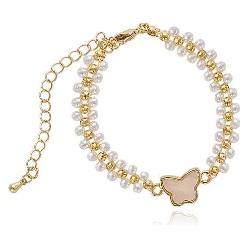 Copper Butterfly Multi-row Imitation Pearl Bracelet Adjustable Gold Color Chain Women Gift Korean